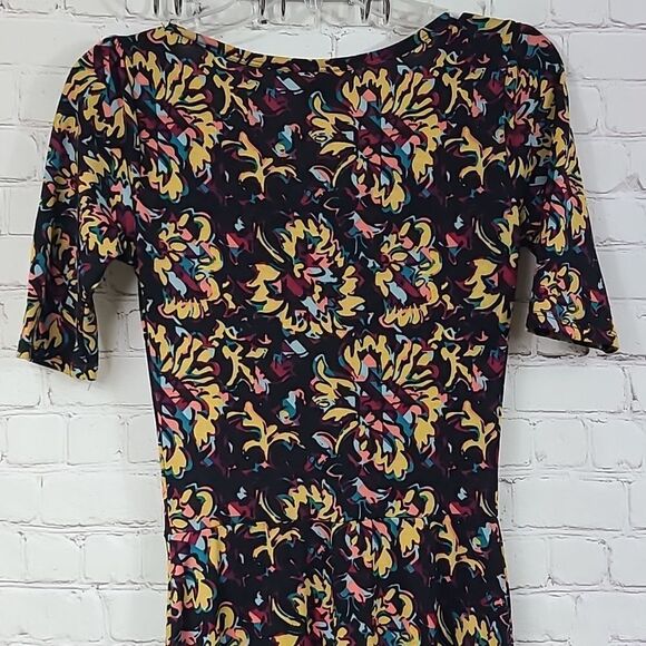 LuLaRoe Ana Maxi Dress XS 2/4 Mustard Floral Long Fit & Flare Short Sleeve Knit - Picture 8 of 8